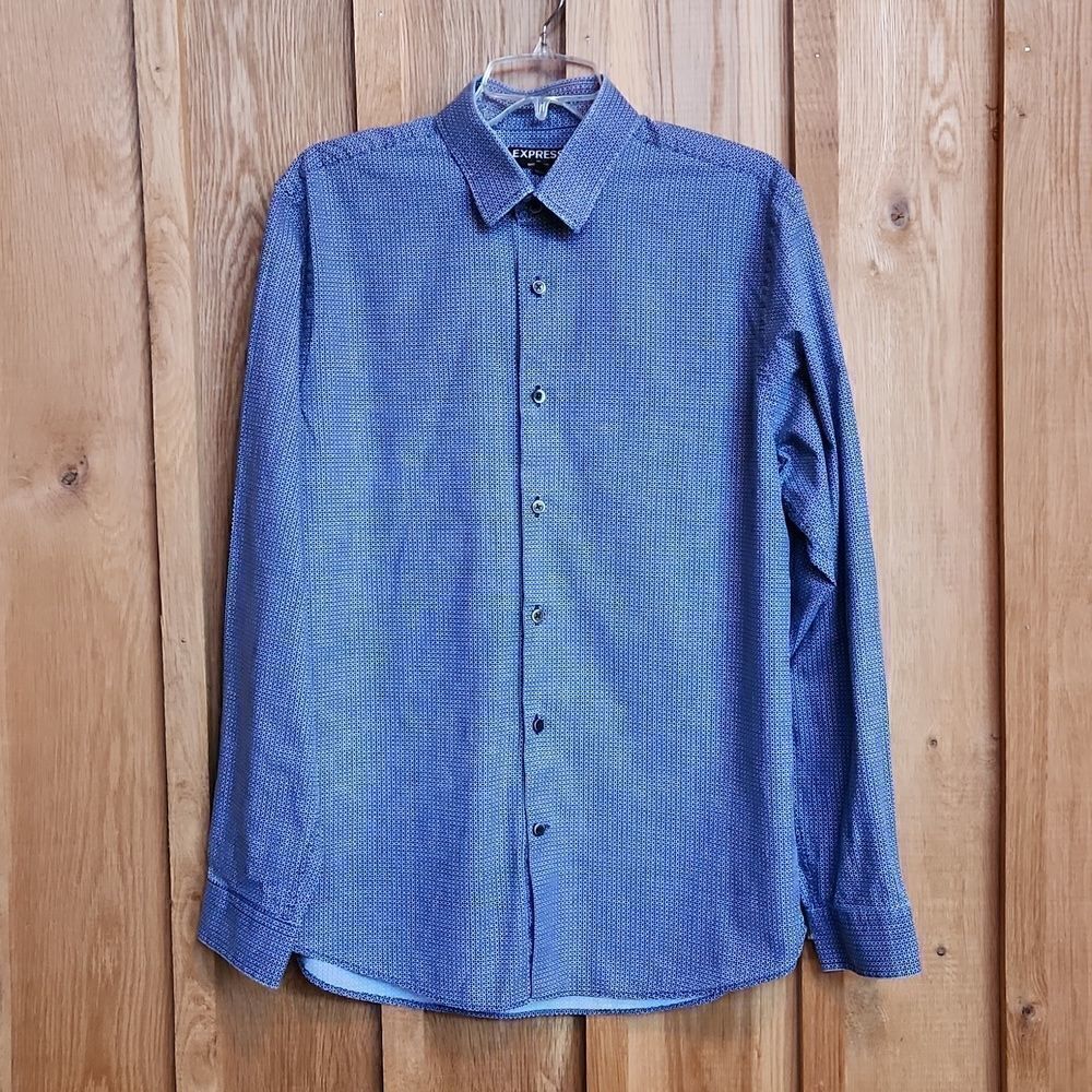 Express Button Down Long Sleeve Modern Fit Cotton Shirt, Large, Blue & White